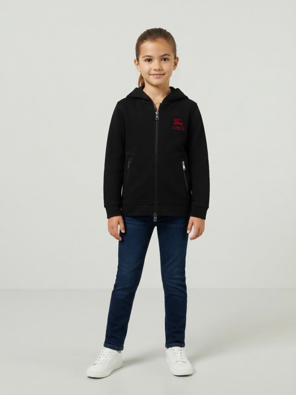 Burberry Black Hoodie with Red Embroidered Logo and Check Trim size 10Y